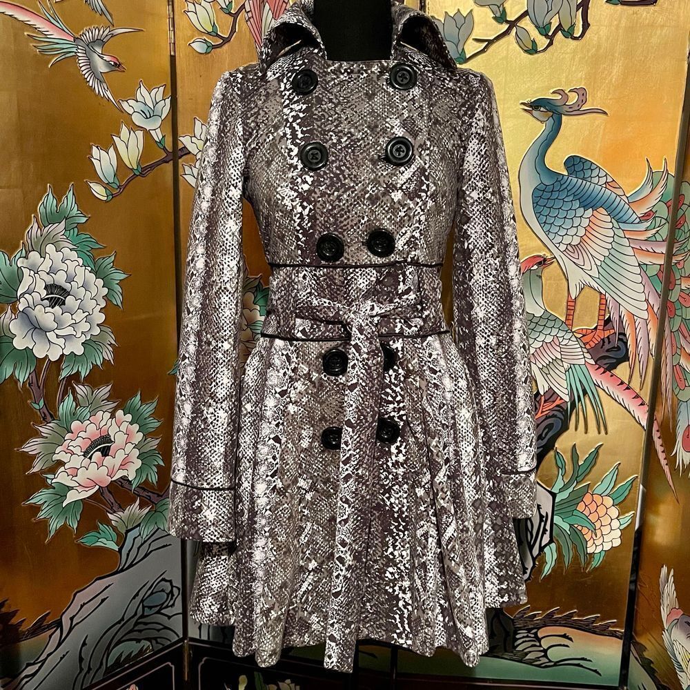Candies Snake Skin Patterned Trench Coat with Belt Waist and Over Sized Buttons